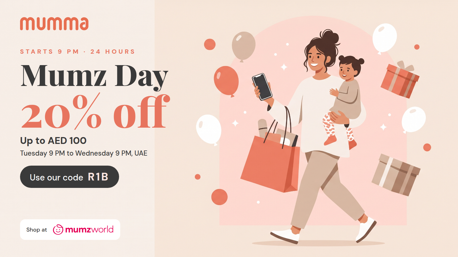 Illustration of a mum with her toddler and a shopping bag, with Mumz Day 20% off and the code R1B