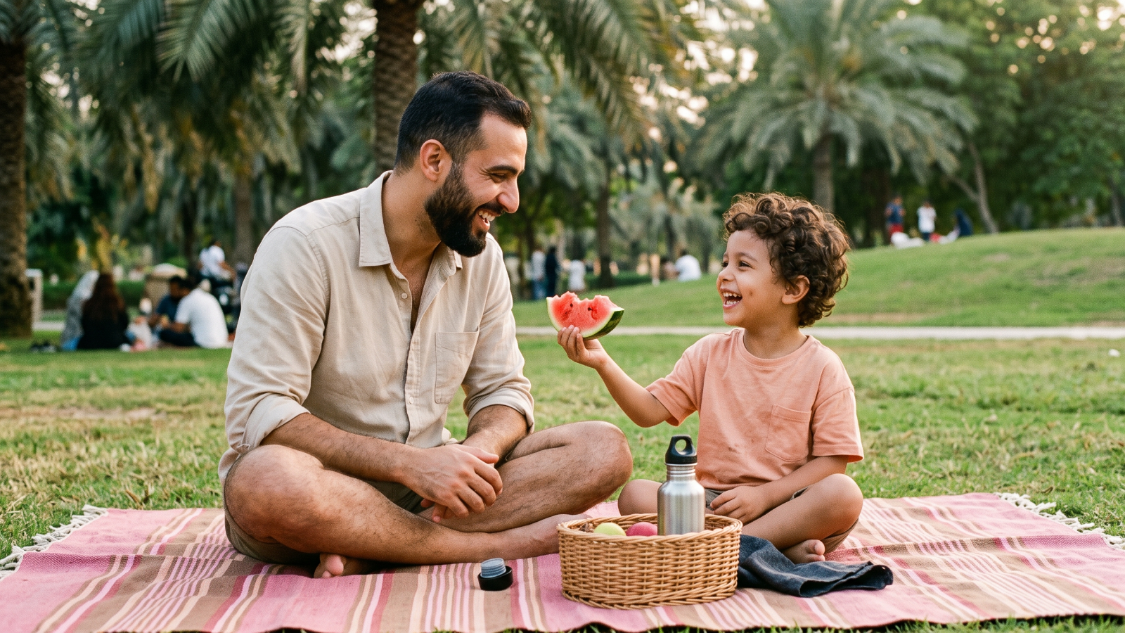 Father and young son sharing a snack on a picnic blanket in a sunny park