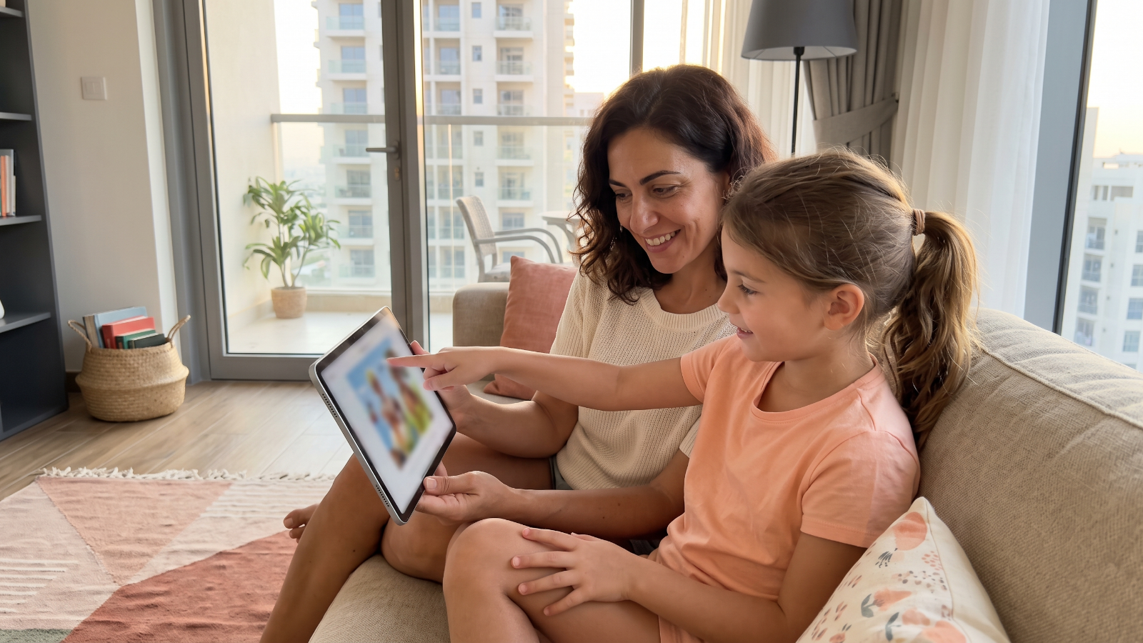 A mum and her young daughter on a sofa looking at a tablet together, the girl pointing at the screen