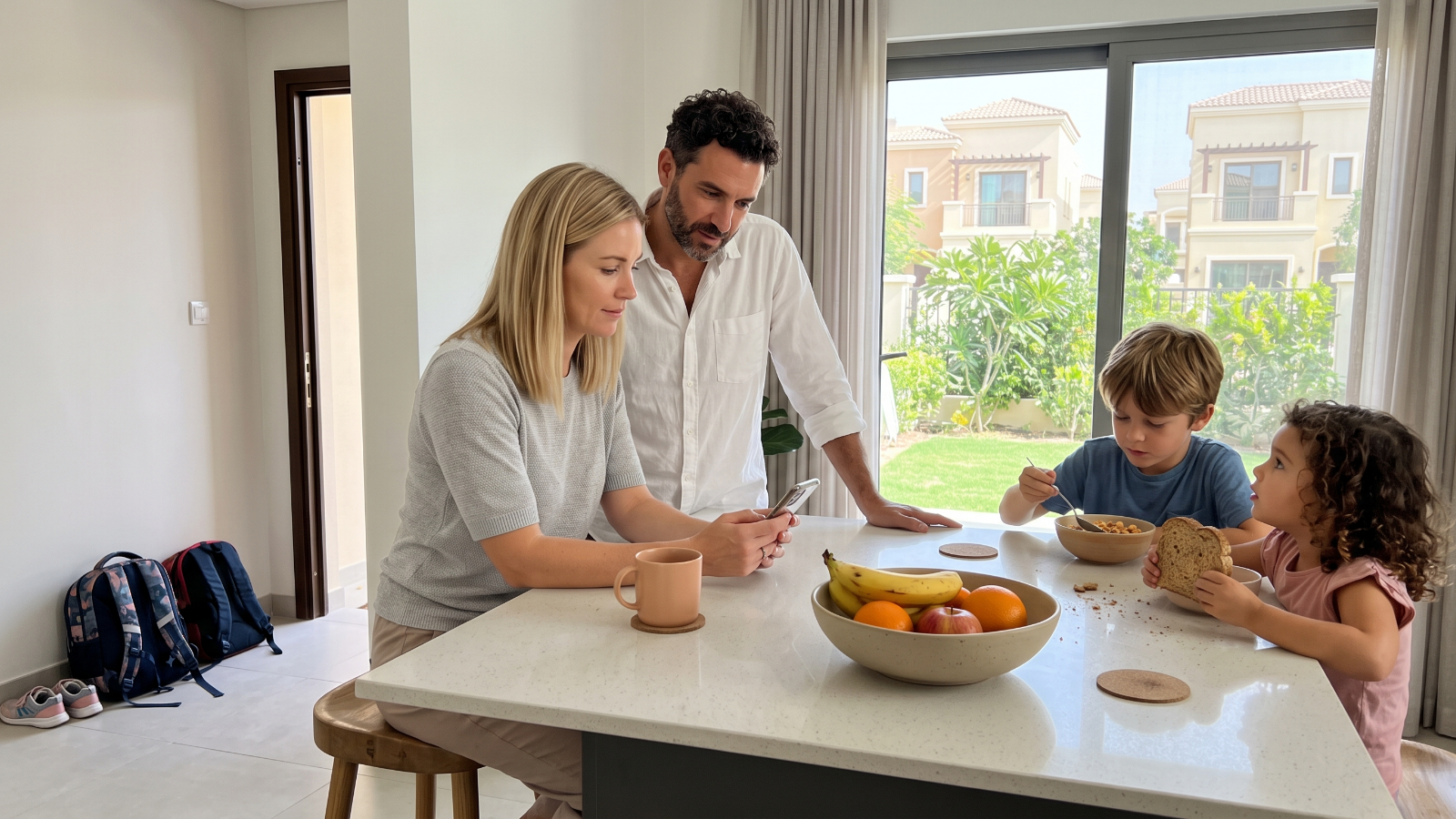 A mum and dad check a phone at the kitchen island of a townhouse while their two children eat breakfast.