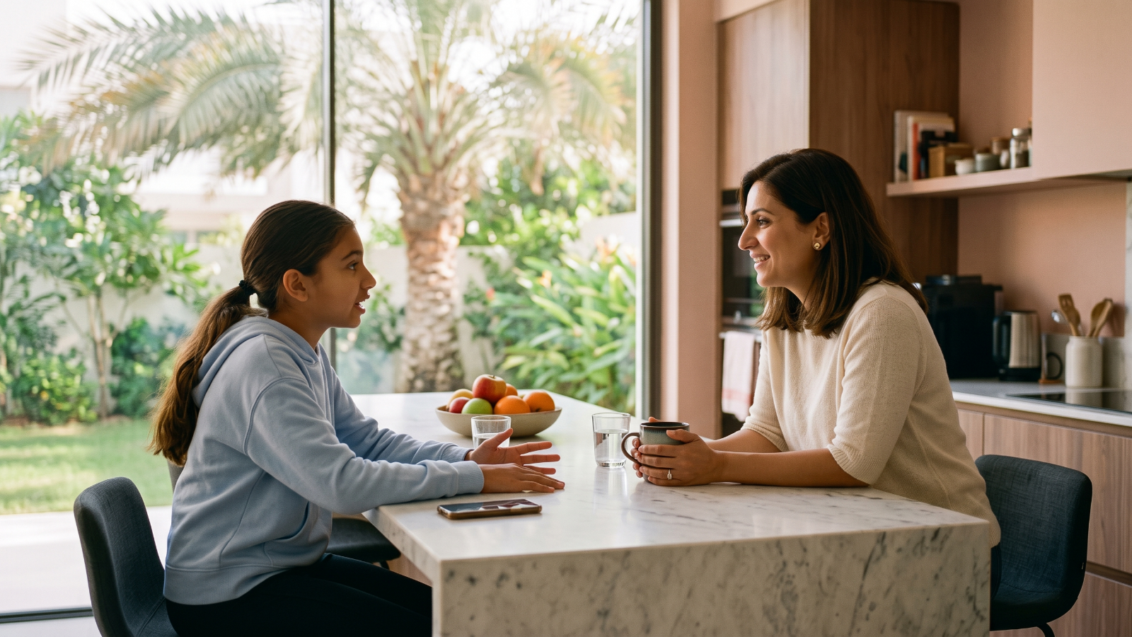 A mum and her teenage daughter talking across a bright kitchen island, a phone face down between them.