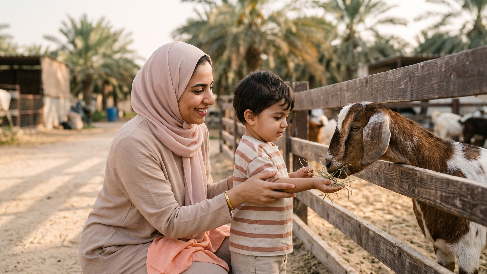 A mum helps her toddler feed hay to a goat at a farm fence on a sunny morning.